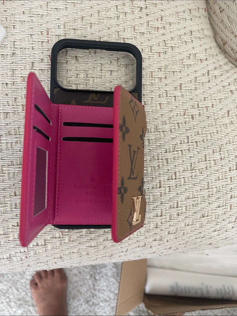 LV. Pro Max Monogram Cardholder Phone Case with Pink Trim and Brown Strap
